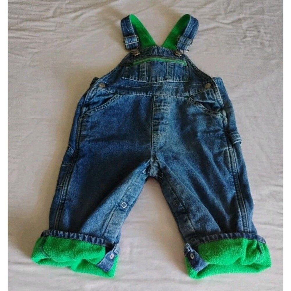 Vtg BABY GAP Denim Overalls Green Fleece Lined Zip Pocket Utility 18-24 Mo RARE